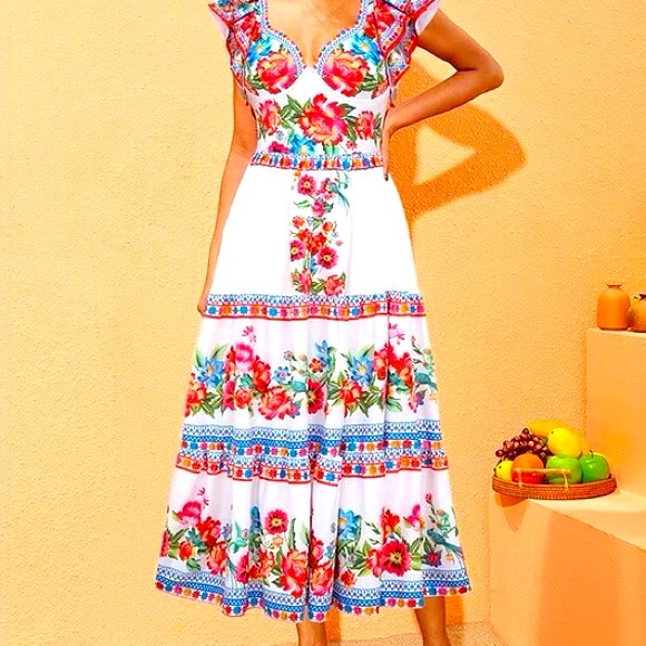 Boho Blanca resort onepiece swimsuit & maxi cover-up skirt white red blue floral - Picture 16 of 16